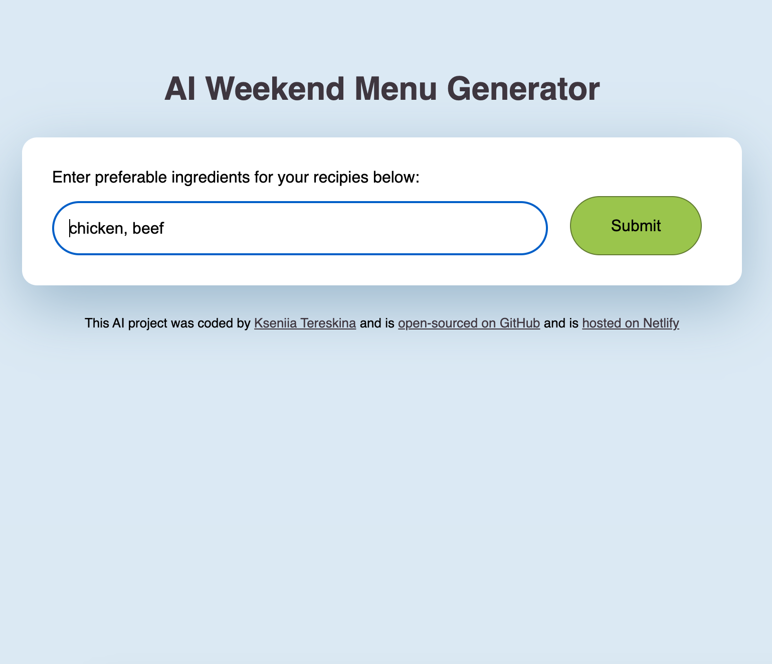 AI Menu Generator preview